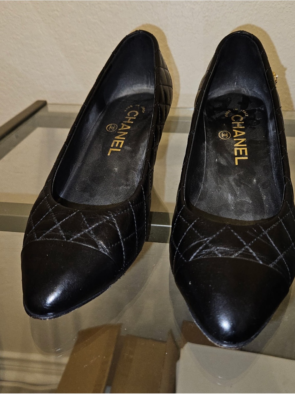 CHANEL Black Quilted Pointed-Toe Leather Flats